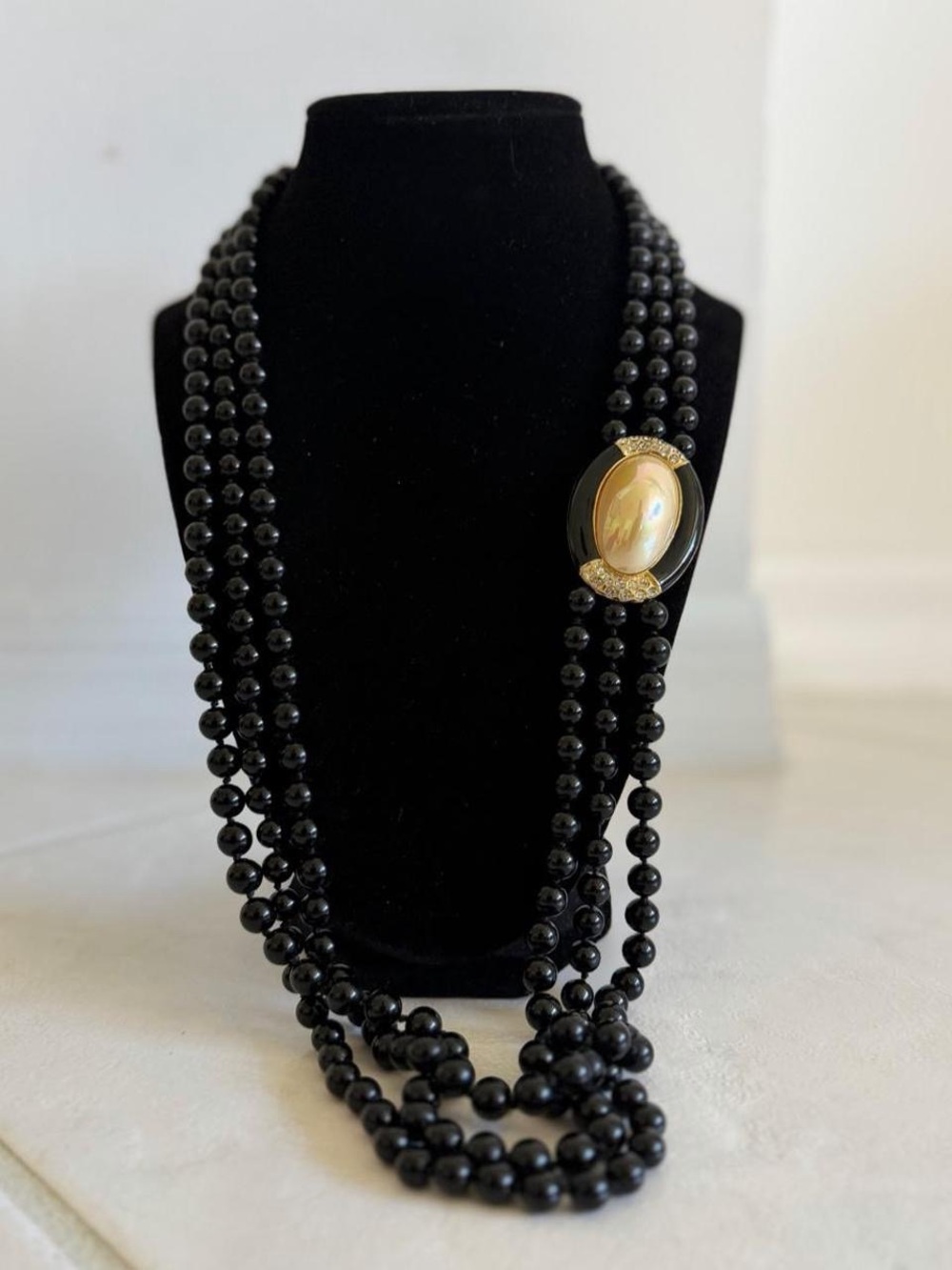 Vintage Black Beaded Multi-Strand Necklace with Gold-Tone Accent
